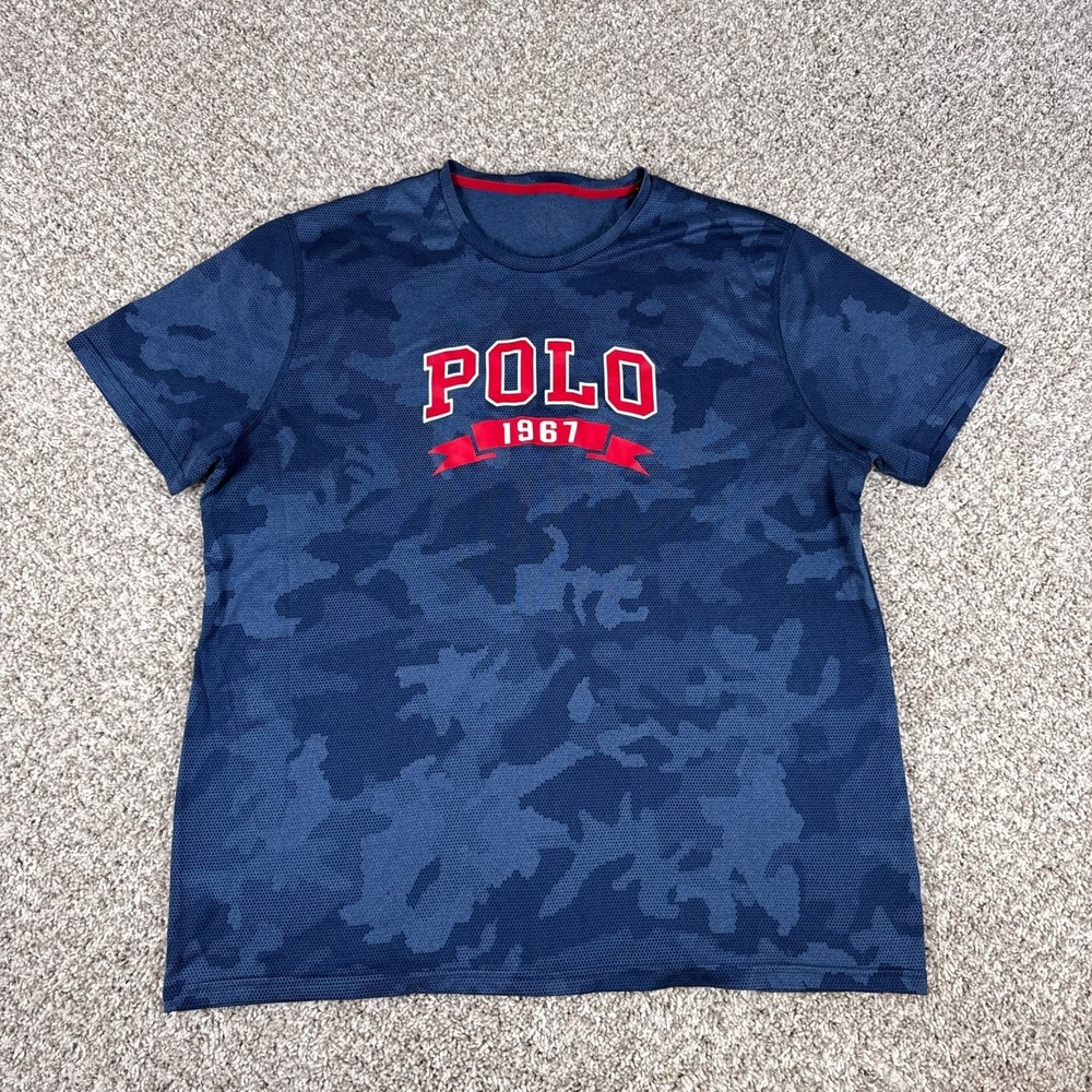 Polo Shirt Mens XL Blue Camo Graphic 1967 Short Sleeve Performance Mesh Tee